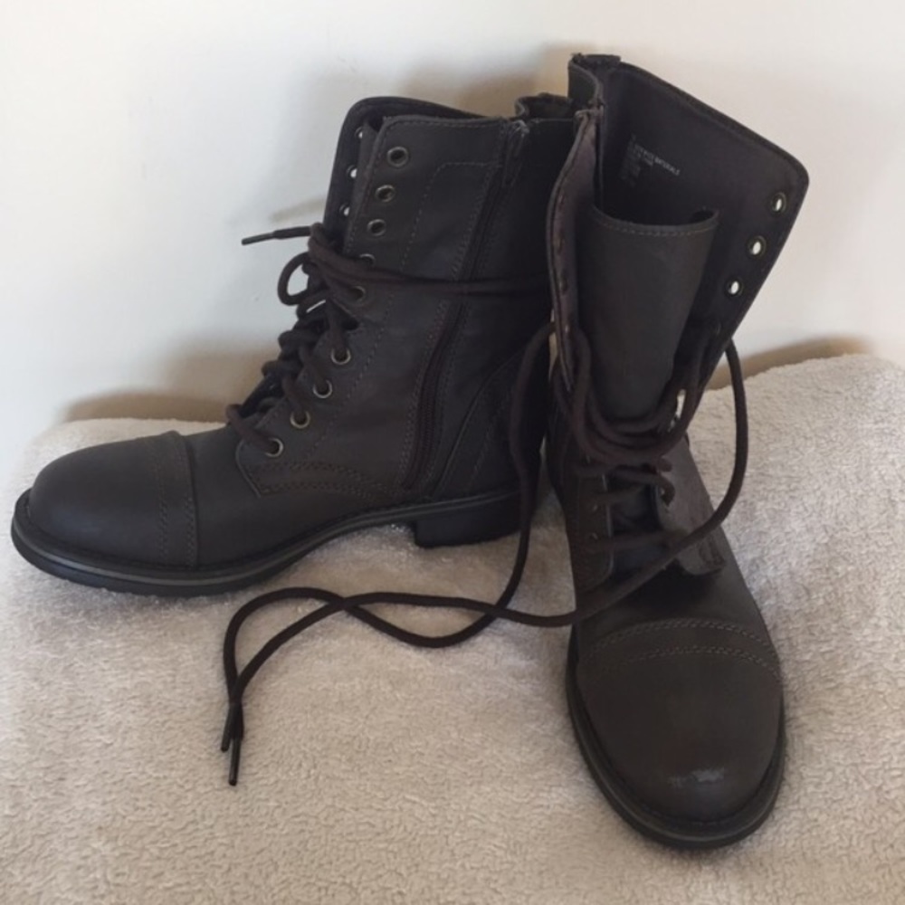 Brown faux leather combat boots